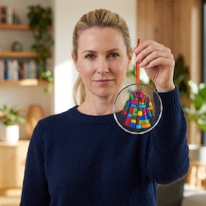 Bunte Glasornamente mit Patchwork-Mantel | Regenbogenjacke als Weihnachtsdekoration