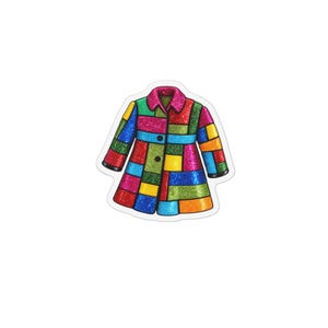 May include: A coat featuring a vibrant patchwork design with a glittery texture. The garment is composed of numerous rectangular segments in bright colors including red, blue, green, yellow, and orange, with two black buttons on the front.