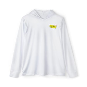 Könnte beinhalten: Weißes Kapuzenshirt mit langen Ärmeln und dem Text "Yes, Sir" in einer grünen und gelben Kartenumrandung. Das Shirt hat ein schlichtes, sauberes Design mit Kapuze und langen Ärmeln.