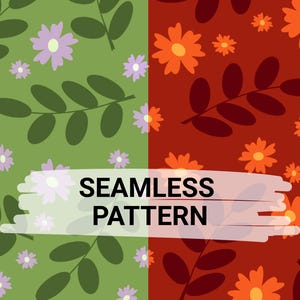 Puede incluir: Diseño de patrón sin costuras con elementos florales y de hojas. El diseño se divide en dos secciones: una con fondo verde y flores moradas, y otra con fondo rojo y flores naranjas. El texto "SEAMLESS PATTERN" está superpuesto.