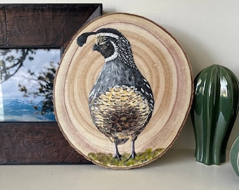 Original Painting - California Quail Portrait on wood slice