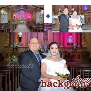 May include: A composite image featuring a wedding theme. The main image shows a couple in formal attire, with a church interior in the background. The words "change background" are overlaid on the image. Additional images show the church and the couple.