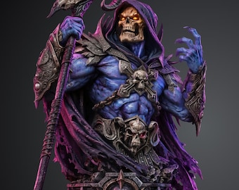 Puede incluir: Un busto detallado de una figura esquelética de piel azul que lleva una capa con capucha de color púrpura oscuro y una armadura ornamentada con motivos de calaveras. La figura sostiene un bastón con un cráneo de carnero.