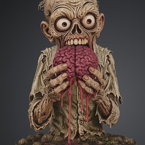 May include: A detailed figurine of a zombie with pale, decaying skin and wide, bulging eyes. The figure wears a tattered, light-colored shirt and holds a large, textured, dark pink brain with red liquid dripping down onto a circular base.