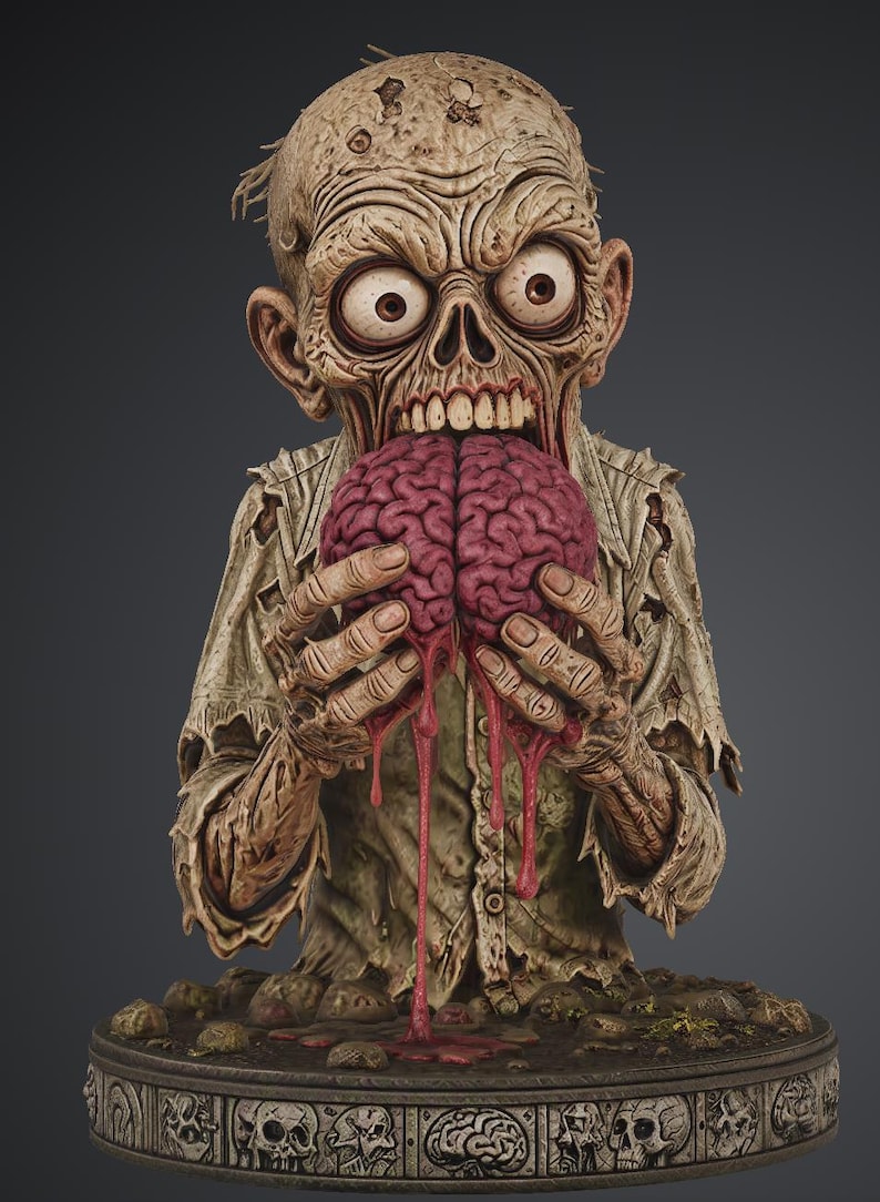 Puede incluir: Una figura detallada de un zombi con piel p&aacute;lida y en descomposici&oacute;n y ojos grandes y saltones. El personaje viste una camisa clara hecha jirones y sostiene un cerebro grande, texturizado y rosa oscuro con l&iacute;quido rojo goteando sobre una base circular.