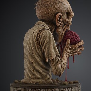 Puede incluir: Una figura detallada de un zombi con piel texturizada y desgastada, vistiendo una camisa hecha jirones. El personaje est&aacute; encorvado, sosteniendo un cerebro rojo oscuro en sus manos, con l&iacute;quido rojo goteando sobre una base circular con relieves.