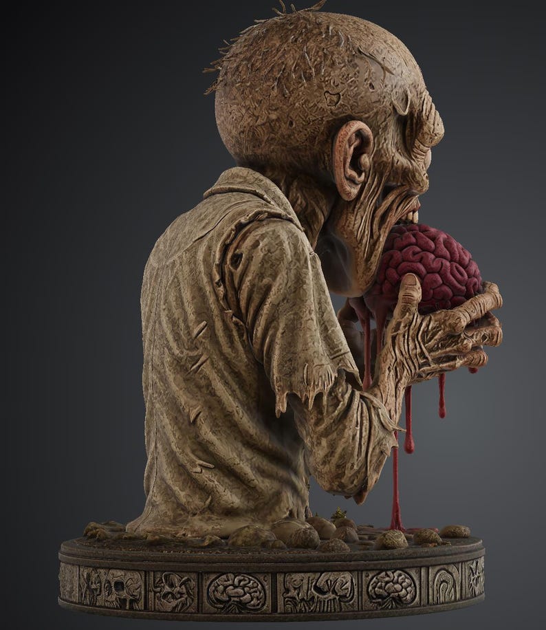 Puede incluir: Una figura detallada de un zombi con piel texturizada y desgastada, vistiendo una camisa hecha jirones. El personaje est&aacute; encorvado, sosteniendo un cerebro rojo oscuro en sus manos, con l&iacute;quido rojo goteando sobre una base circular con relieves.