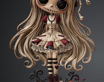 Puede incluir: Una muñeca con cabello largo rubio, grandes ojos de botón negros y detalles de boca cosida. La muñeca viste un vestido crema y rojo con encaje, medias a rayas y botas rojas. Se apoya sobre una base con calaveras, rosas rojas y un corazón.