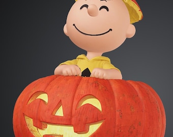 Puede incluir: Una figura de un personaje de cabeza redonda que viste una camiseta amarilla con un patrón de zigzag negro y un sombrero con forma de calabaza, emergiendo de una gran calabaza naranja iluminada con una cara tallada sonriente.