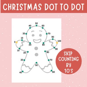 Könnte beinhalten: Ein weihnachtliches Punkt-zu-Punkt-Spiel mit einem Lebkuchenmann, nummeriert von 0 bis 100. Das Bild enthält den Text "CHRISTMAS DOT TO DOT" und "SKIP COUNTING BY 10'S" auf einem rosa Hintergrund.