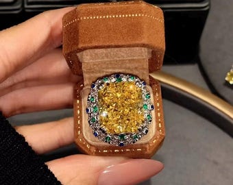 15ct Yellow High Carbon Diamond Ring | Radiant Cushion Fancy Cut | Luxury Halo Cocktail Ring | Green & Blue Accent Stones |
