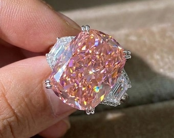 Pink Cushion Cut Statement Ring 11x15mm – Sterling Silver Pink CZ Cocktail Ring – Big Sparkly Pink Three Stone Ring-Gift for Her-Handcrafted