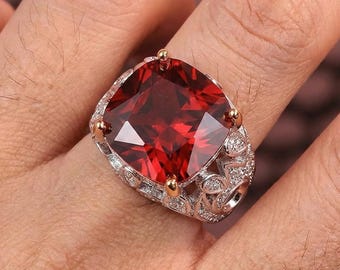 Vintage Lab Red Gemstone Statement Ring – 925 Sterling Silver Retro Cocktail Ring for Women – Antique Floral Design Jewelry