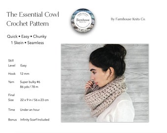 CROCHET PATTERN x The Essential Cowl x Easy Scarf Crochet Pattern Chunky Crochet Neck Warmer Crochet Pattern PDF Digital Pattern Printable