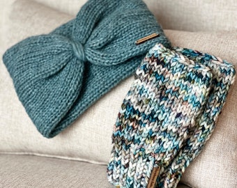TEAL HEADBAND MITTENS Set Women's Knitted Ear Warmer Knit Wool Fingerless Gloves Set Headband Knitted Ear Warmer Hand Knit Mittens Gift Set