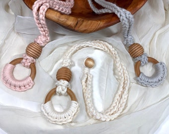 Handmade Cotton Nursing Necklace: Wooden Baby Toy, New Mom Gift