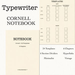 May include: A cream-colored Cornell notebook with the word "Typewriter" above it. The notebook has 24 templates, 6 chapters, and 6 section dividers. The design is minimalist and vintage.