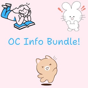 Puede incluir: Fondo rosa claro con ilustraciones de dibujos animados y texto. Las ilustraciones incluyen una persona leyendo un libro, un conejo blanco y un gato marrón claro. El texto dice "OC Info Bundle!"