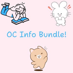 Puede incluir: Un fondo rosa claro con ilustraciones de dibujos animados y texto. Las ilustraciones incluyen una persona leyendo un libro, un conejo blanco y un gato marrón claro. El texto dice "OC Info Bundle!"