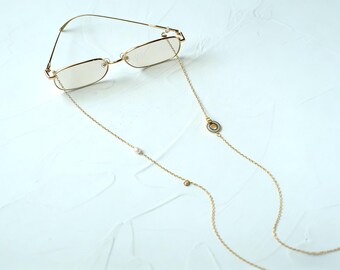 Cadena de perlas para gafas, soporte dorado para gafas con dije