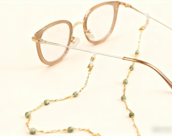 Cadena para gafas con cuentas de jaspe verde · Collar para gafas y soporte para mascarilla chapados en oro