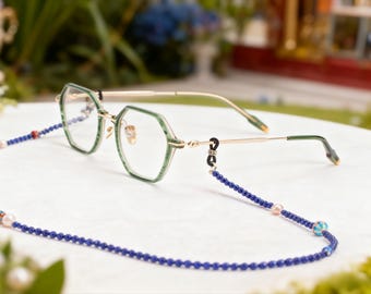 Cadena para gafas de lapislázuli · Collar para gafas y soporte para mascarilla con cuentas de piedras preciosas azules