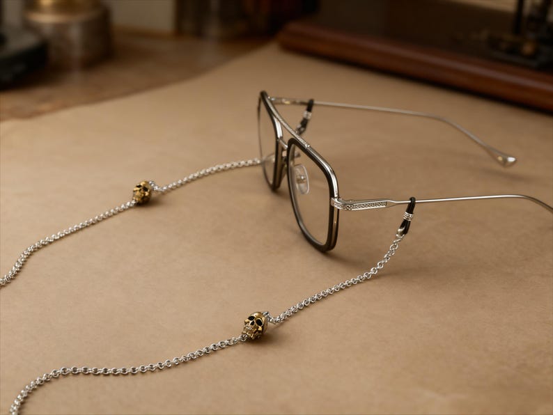Puede incluir: Gafas con una cadena plateada con detalles de calaveras doradas. Las gafas tienen una montura negra y plateada. La cadena est&aacute; sujeta a las patillas de las gafas. El fondo es una superficie marr&oacute;n claro.