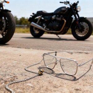 Puede incluir: Gafas de sol de aviador con montura plateada y cadena con un dije de calavera dorada sobre hormig&oacute;n. Dos motocicletas borrosas en el fondo sugieren un tema motero. Las gafas tienen lentes transparentes.