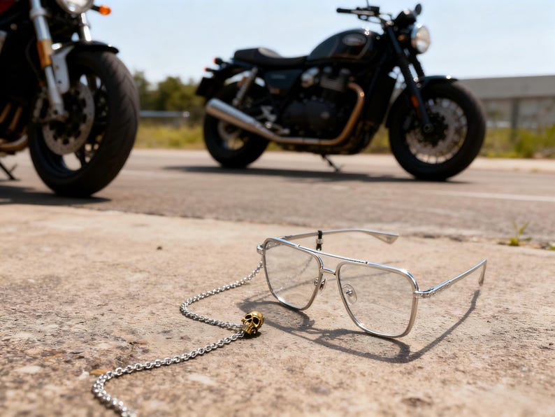 Puede incluir: Gafas de sol de aviador con montura plateada y cadena con un dije de calavera dorada sobre hormig&oacute;n. Dos motocicletas borrosas en el fondo sugieren un tema motero. Las gafas tienen lentes transparentes.