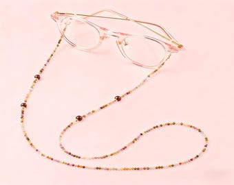 Cadena para gafas de turmalina natural, soporte para gafas de sol de oro de 14 quilates