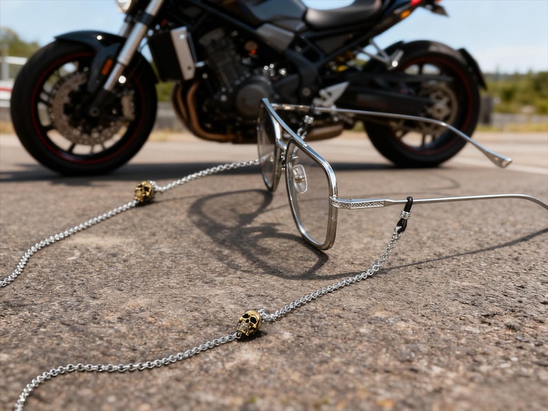 Puede incluir: Gafas con montura plateada con una cadena con detalles de calaveras doradas. Las gafas descansan sobre una superficie texturizada, con una motocicleta negra al fondo. La cadena est&aacute; sujeta a las patillas de las gafas.