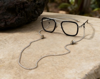 Cadena para gafas con calavera de plata 925, soporte para gafas de sol estilo punk motero, collar gótico para gafas
