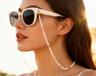 Cadena para gafas con perlas de agua dulce barrocas • Correa blanca para gafas
