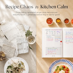 May include: A split-view image showing a collection of aged, handwritten recipe cards on the left and an open, organized recipe book on the right. The book displays a handwritten recipe for Creamy Tomato Basil Pasta with ingredients and directions.