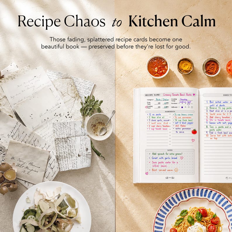 May include: A split-view image showing a collection of aged, handwritten recipe cards on the left and an open, organized recipe book on the right. The book displays a handwritten recipe for Creamy Tomato Basil Pasta with ingredients and directions.