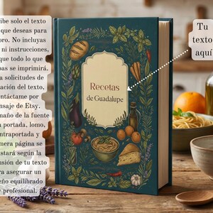 May include: A teal cookbook titled "Recetas de Guadalupe" with a decorative illustration of vegetables and food items. The book's cover has text in Spanish. The background includes a wooden table with food and kitchen items.