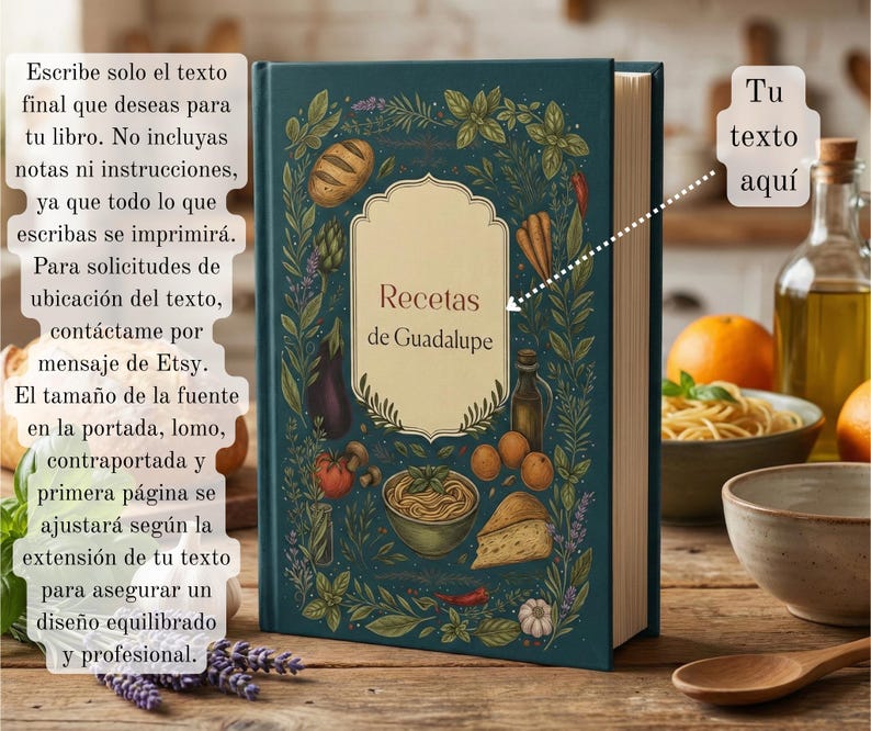 May include: A teal cookbook titled "Recetas de Guadalupe" with a decorative illustration of vegetables and food items. The book's cover has text in Spanish. The background includes a wooden table with food and kitchen items.