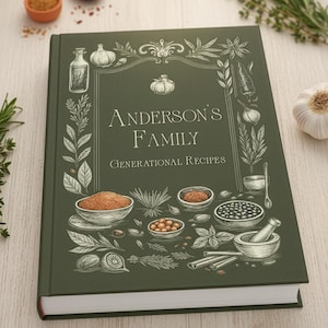 Könnte beinhalten: Ein dunkelgrünes Kochbuch mit dem Titel "Anderson's Family Generational Recipes". Das Cover zeigt Illustrationen von Kochzutaten und -utensilien. Gewürze in kleinen Schalen und ein Holzlöffel im Hintergrund.