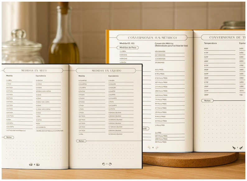 May include: Open cookbook with conversion charts for US and metric measurements. The pages display tables for weight, liquid, and temperature conversions. The text includes "CONVERSIONES US METRICOS" and "CONVERSIONES DE TI". The book is open on a wooden surface.