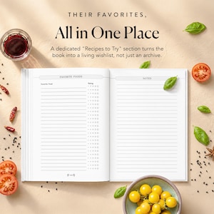 May include: An open recipe journal with white pages featuring a Favorite Foods list with rating circles on the left and a lined Notes section on the right. The text reads: THEIR FAVORITES, All in One Place. A dedicated Recipes to Try section.