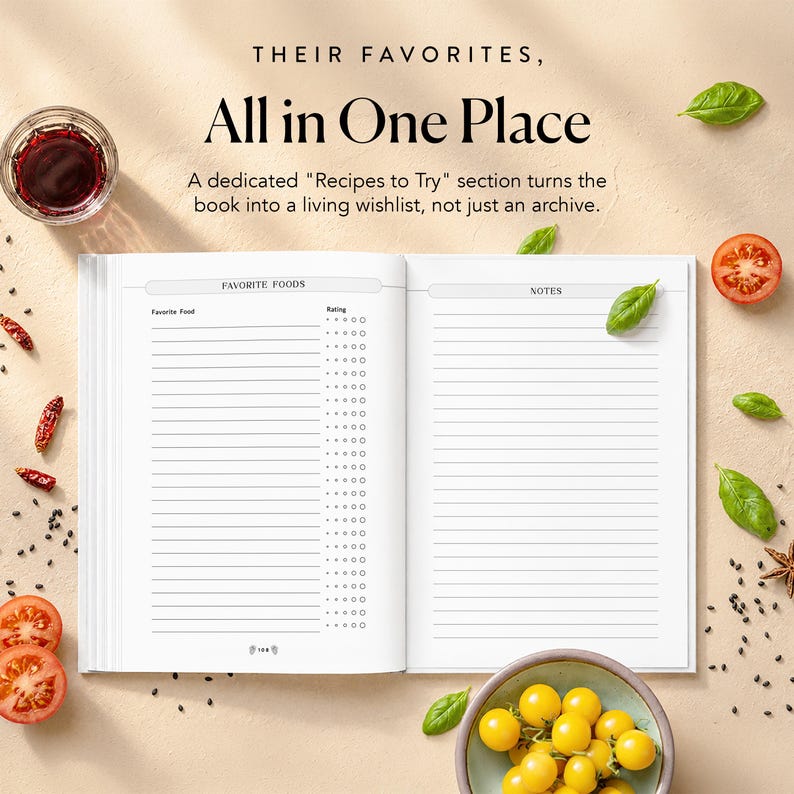 May include: An open recipe journal with white pages featuring a Favorite Foods list with rating circles on the left and a lined Notes section on the right. The text reads: THEIR FAVORITES, All in One Place. A dedicated Recipes to Try section.