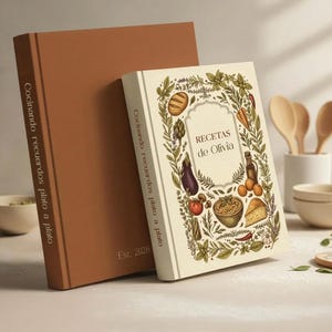 Könnte beinhalten: Zwei Kochbücher, eines braun und eines cremefarben, sind abgebildet. Das cremefarbene Buch zeigt den Text "RECETAS de Olivia" und Illustrationen von Lebensmitteln. Das braune Buch hat den Text "Cocinando recuerdos plato a plato" und "Est. 2026".