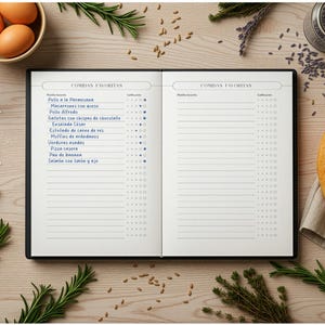 May include: An open notebook with the title "COMIDAS FAVORITAS" is surrounded by ingredients like eggs, flour, rosemary, and a loaf of bread. The notebook's pages are lined and include a list of food items.