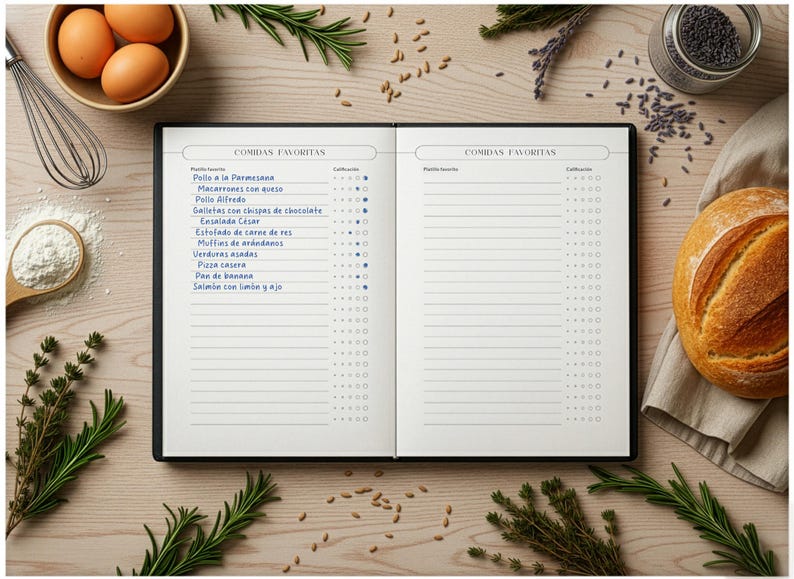 May include: An open notebook with the title "COMIDAS FAVORITAS" is surrounded by ingredients like eggs, flour, rosemary, and a loaf of bread. The notebook's pages are lined and include a list of food items.