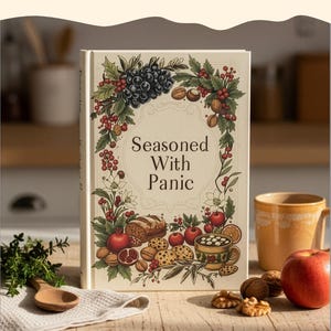 Op de afbeelding: Een gepersonaliseerd kookboek met de titel "Seasoned With Panic" op de omslag, omringd door illustraties van fruit, noten en gebak. De tekst "Add a funny title or Name" staat onderaan. Een mok en een appel liggen ernaast.