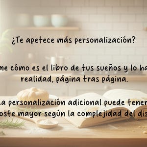 May include: An open book on a wooden surface with text in Spanish. The text asks about personalization and describes creating a custom book. A bowl, measuring cup, and pastry are also on the table.