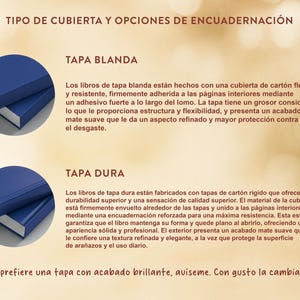 May include: Image showing two blue hardcover books with white pages. The text at the top reads "TIPO DE CUBIERTA Y OPCIONES DE ENCUADERNACI&Oacute;N". The text below describes soft and hard cover options.