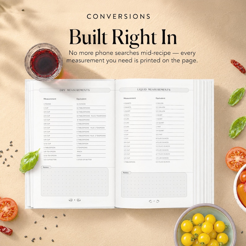 May include: An open cookbook featuring a conversion chart page with columns for dry and liquid measurements. The text reads CONVERSIONS Built Right In. No more phone searches mid-recipe &mdash; every measurement you need is printed on the page.
