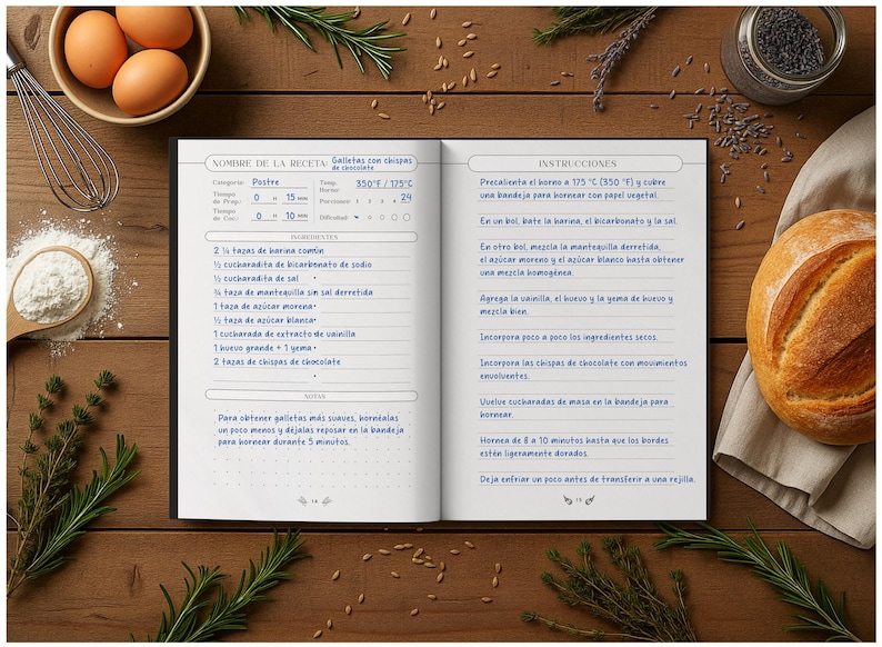May include: A cookbook open to a recipe for cookies, with ingredients like eggs, flour, and chocolate chips. The image is on a wooden surface with sprigs of rosemary and a loaf of bread.