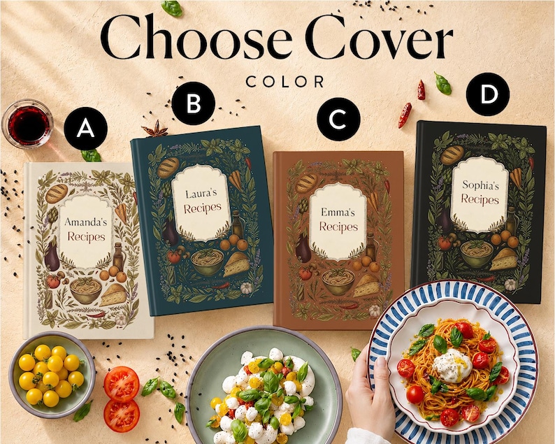 May include: Four hardcover recipe books labeled Choose Cover Color with options A, B, C, and D. Each book features a central white label with a name and the word Recipes, surrounded by illustrations of vegetables, herbs, and food items.